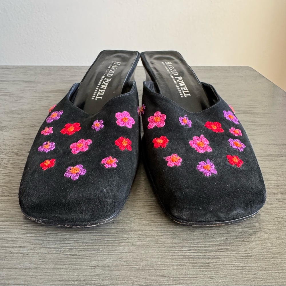 Vintage Embroidered Kitten Heels Mules Harold Powell Leather Suede Block Heels - Picture 2 of 12
